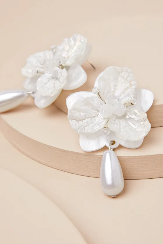 Elaborate Addition White Pearl Flower Statement Earrings sold by Lulus product image thumbnail 3