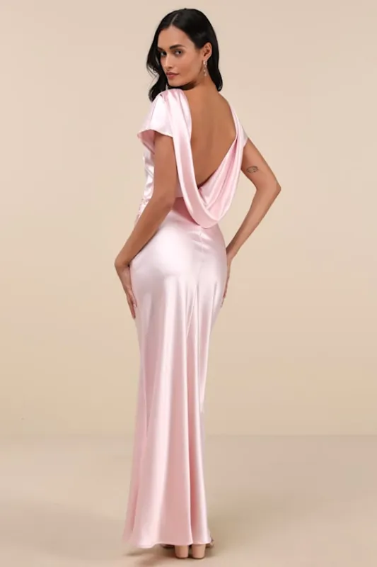 Captivating Presence Blush Pink Satin Cowl Back Maxi Dress sold by Lulus