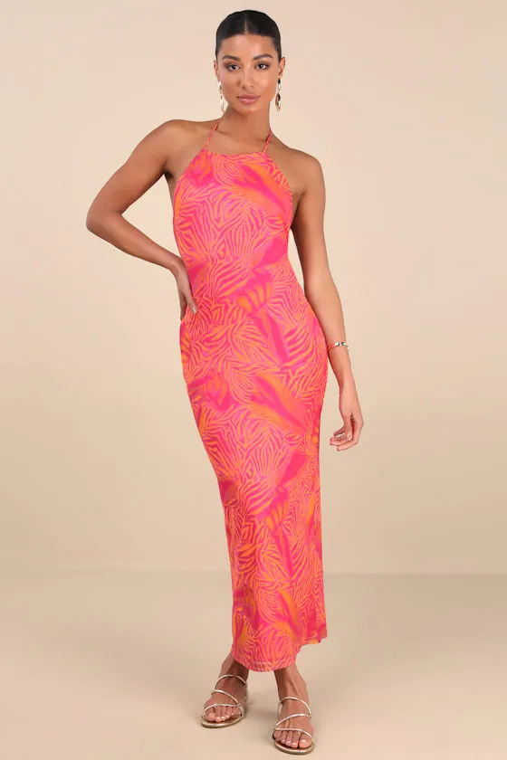 Camadi Hot Pink Animal Print Mesh Backless Midi Dress sold by Lulus