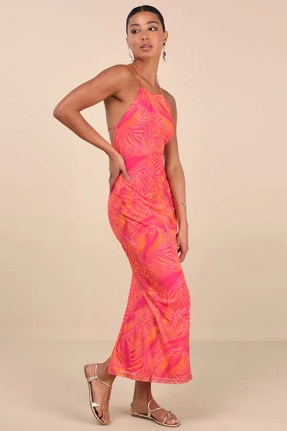 Camadi Hot Pink Animal Print Mesh Backless Midi Dress sold by Lulus product image thumbnail 2
