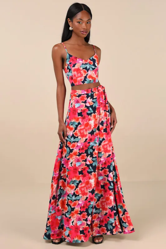 Bloom With a View Dark Blue Floral Print Two-Piece Maxi Dress sold by Lulus