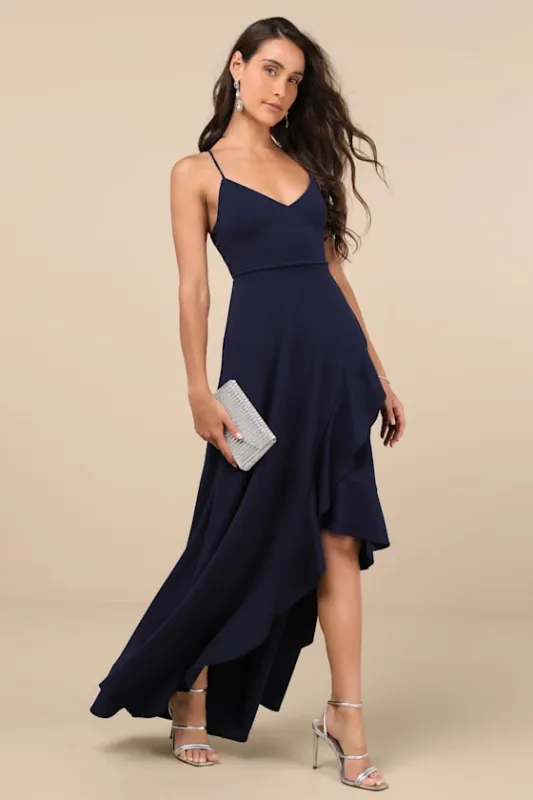 Caryl Dark Navy Ruffled Tulip High-Low Maxi Dress sold by Lulus