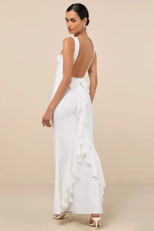 Exquisite Refinement Ivory Backless Bow Ruffled Maxi Dress sold by Lulus