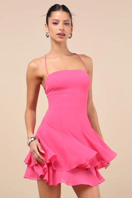 Perfected Sweetness Hot Pink Pleated Tiered Mini Dress sold by Lulus