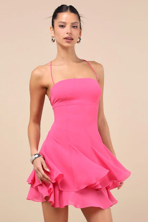 Perfected Sweetness Hot Pink Pleated Tiered Mini Dress sold by Lulus