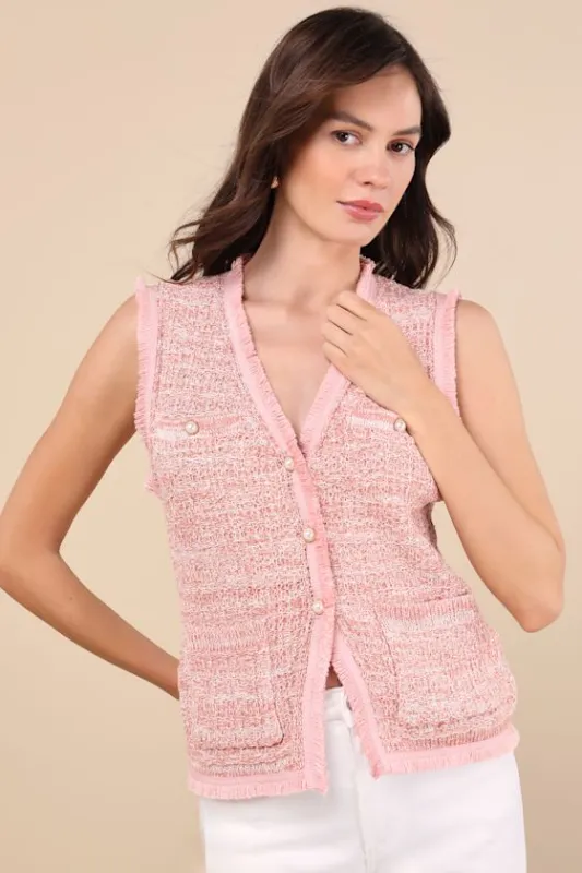 Jeslyn Pink Boucle Pearl Button-Front Sleeveless Top sold by Lulus
