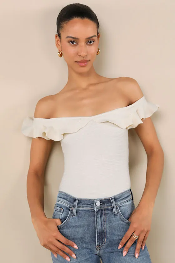 Eilonwy Ivory Ribbed Knit Ruffled Top sold by Lulus