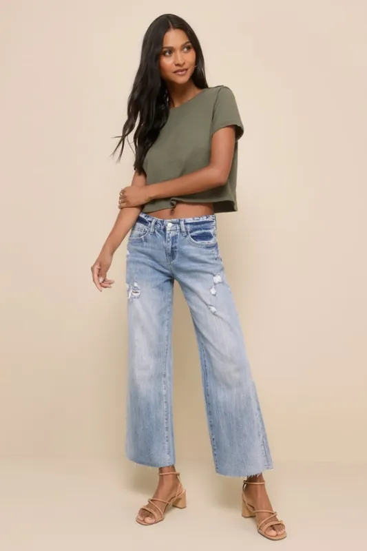 Olivia Light Wash Distressed Mid-Rise Cropped Denim Jeans sold by Lulus