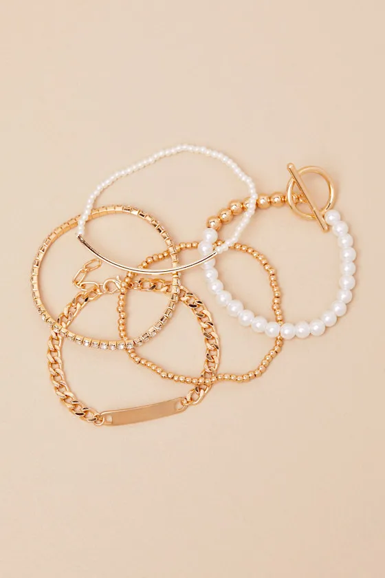 Exclusive Shine Gold and White Five-Piece Bracelet Set sold by Lulus