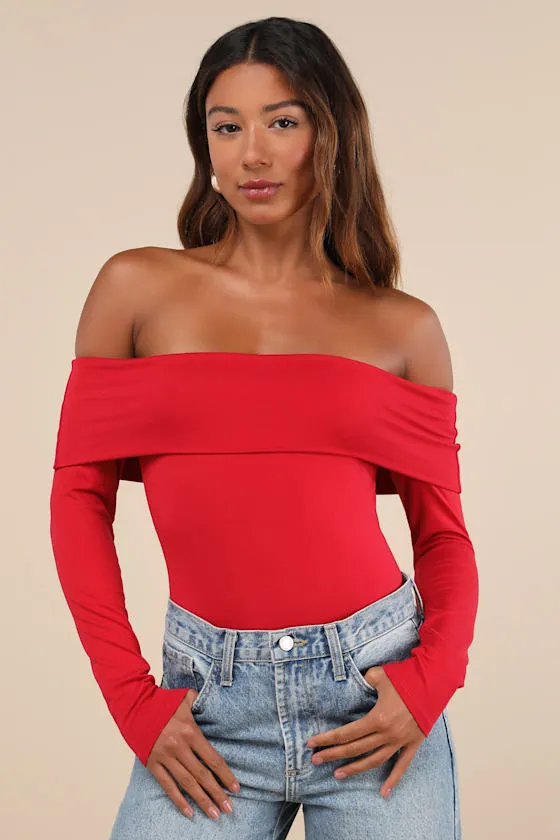 Classic Composure Red Off-the-Shoulder Long Sleeve Top sold by Lulus
