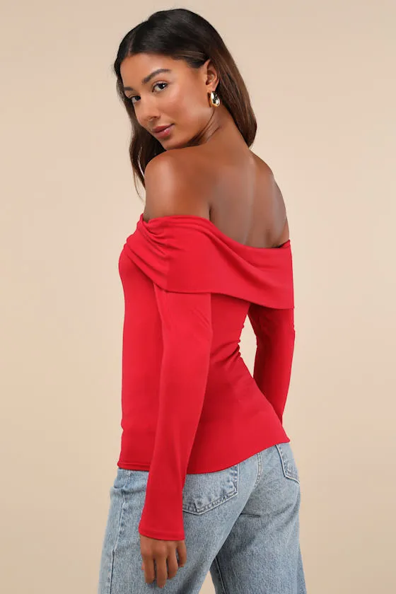 Classic Composure Red Off-the-Shoulder Long Sleeve Top sold by Lulus product image thumbnail 3