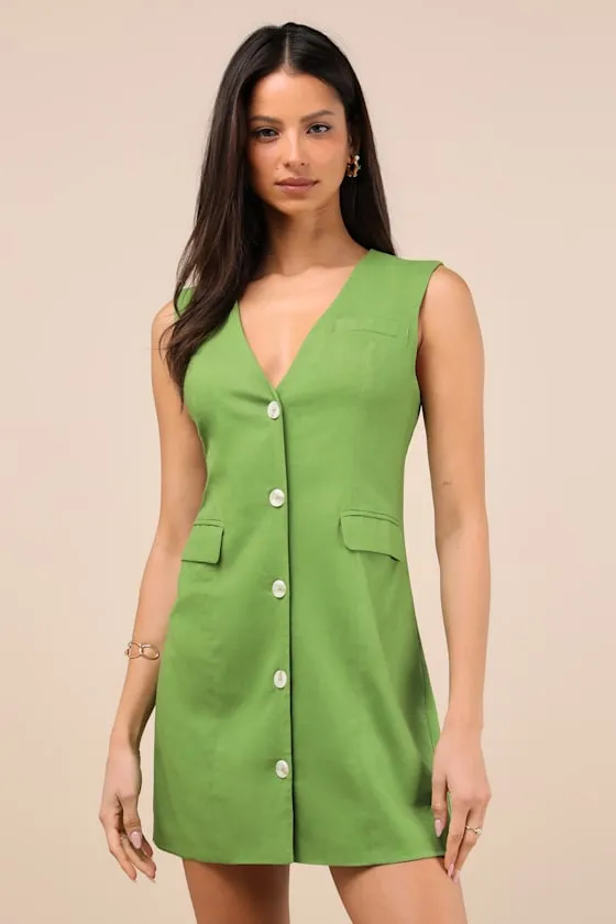 Mairi Green Linen Button-Front Sleeveless Mini Dress sold by Lulus