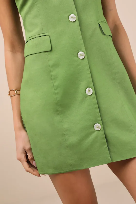 Mairi Green Linen Button-Front Sleeveless Mini Dress sold by Lulus product image thumbnail 4