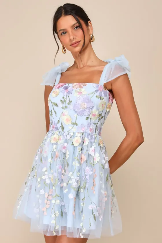 Classic Romance Blue 3D Floral Applique Tie-Strap Mini Dress sold by Lulus