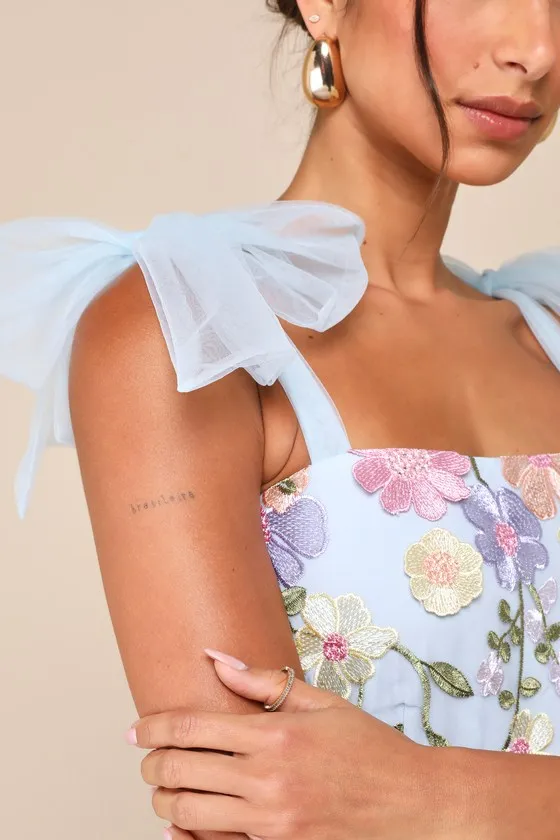 Classic Romance Blue 3D Floral Applique Tie-Strap Mini Dress sold by Lulus product image thumbnail 4