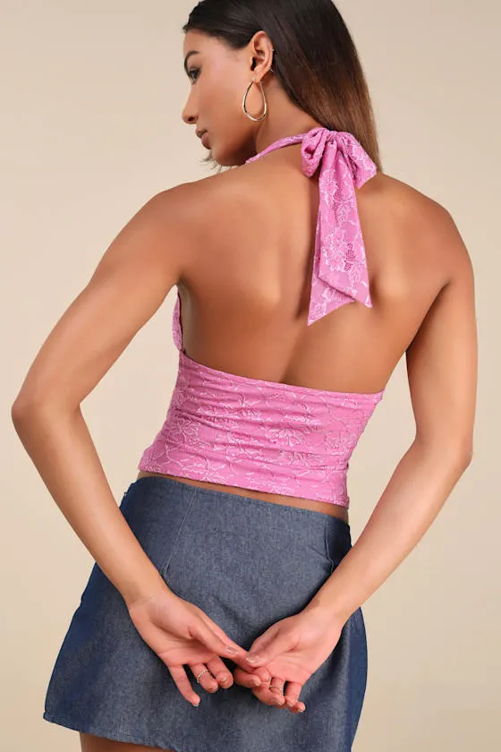 Nadley Pink Lace Halter Neck Crop Top sold by Lulus product image thumbnail 2