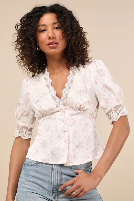 Maryse Cream and Pink Ditsy Floral Satin Lace Top sold by Lulus