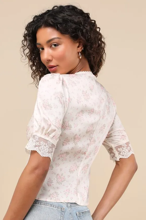Maryse Cream and Pink Ditsy Floral Satin Lace Top sold by Lulus product image thumbnail 2