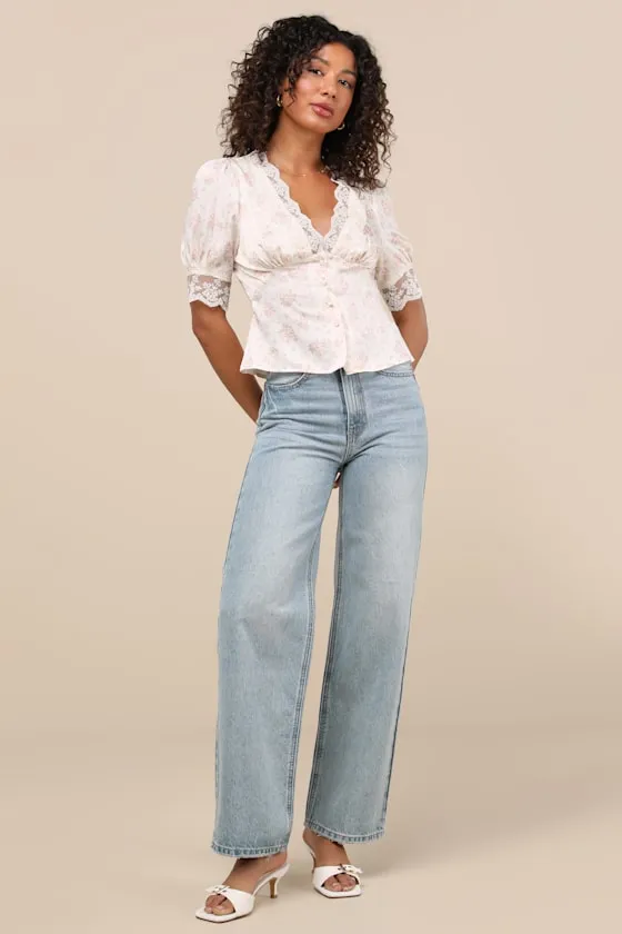 Maryse Cream and Pink Ditsy Floral Satin Lace Top sold by Lulus product image thumbnail 3