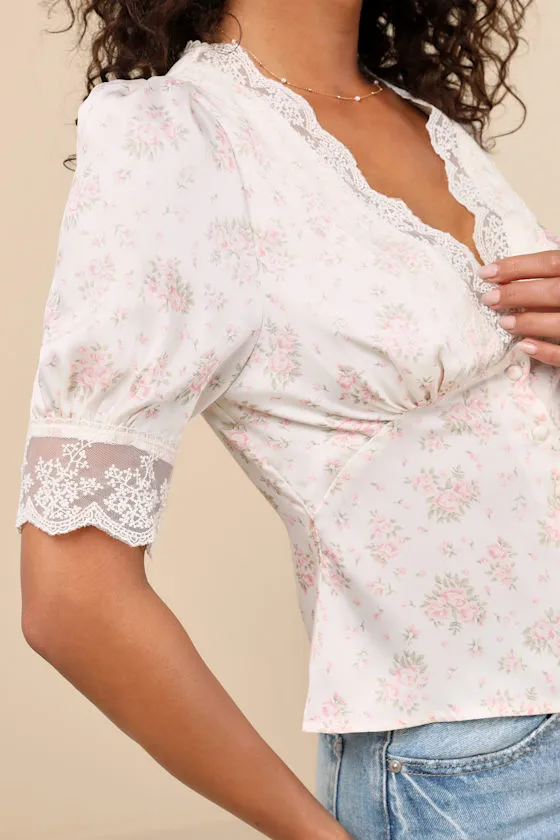 Maryse Cream and Pink Ditsy Floral Satin Lace Top sold by Lulus product image thumbnail 4