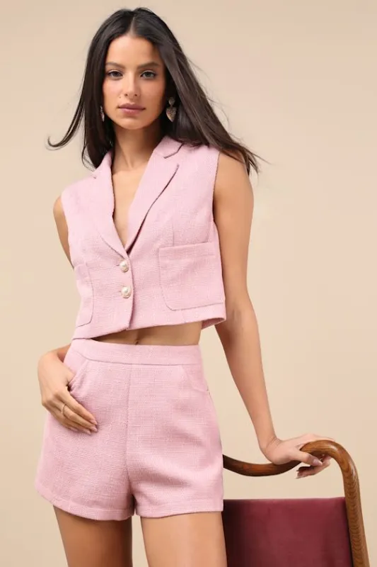 Perfect Company Pink Tweed High-Waisted Shorts sold by Lulus