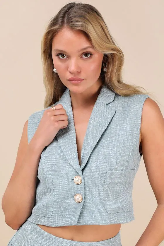 Perfect Company Light Blue Tweed Sleeveless Cropped Blazer sold by Lulus
