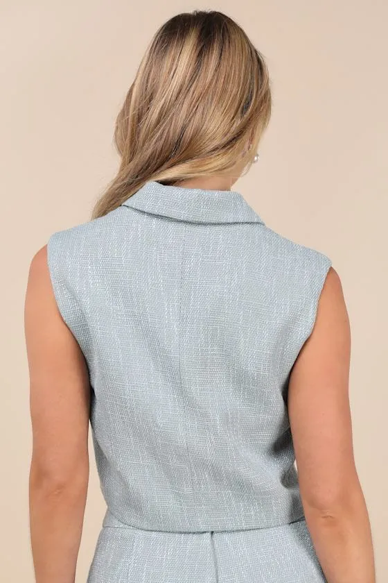 Perfect Company Light Blue Tweed Sleeveless Cropped Blazer sold by Lulus product image thumbnail 3