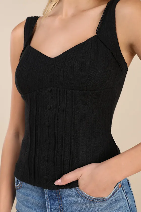 Calanthe Black Pointelle Knit Button-Front Tank Top sold by Lulus product image thumbnail 4