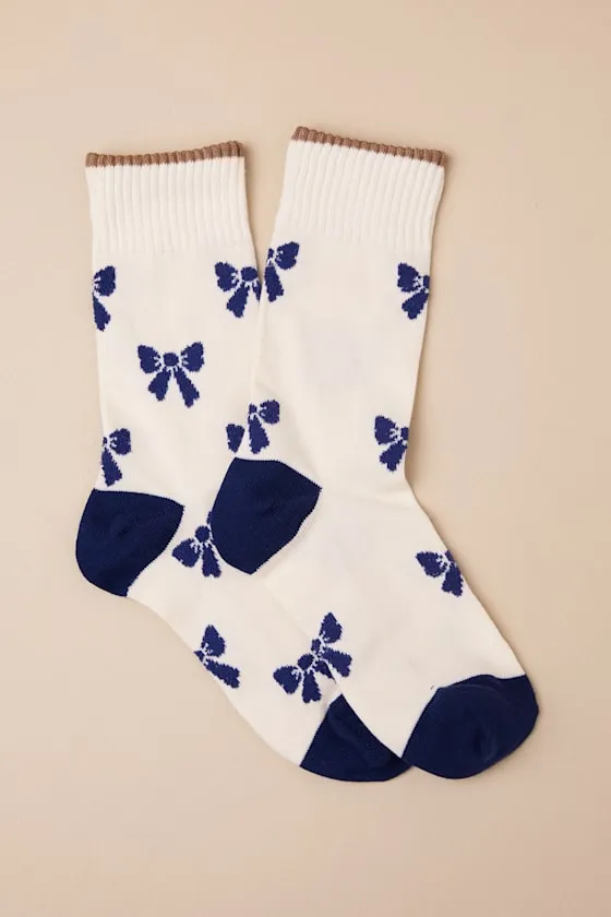 Boucle Bow Ivory and Navy Crew Socks sold by Lulus