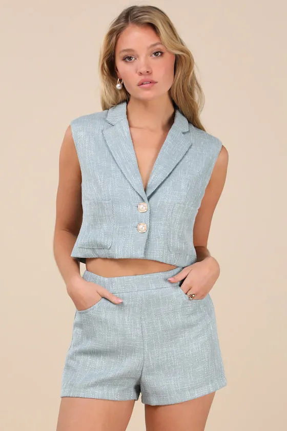 Perfect Company Light Blue Tweed High-Waisted Shorts sold by Lulus
