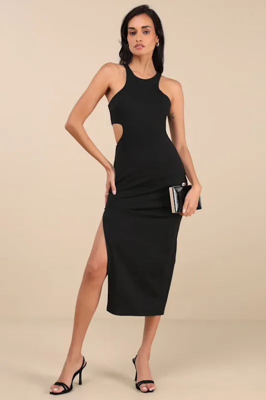 Korvana Black Cutout Bodycon Midi Dress sold by Lulus
