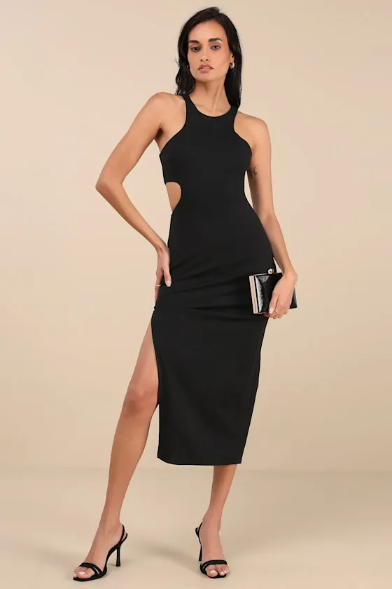 Korvana Black Cutout Bodycon Midi Dress sold by Lulus