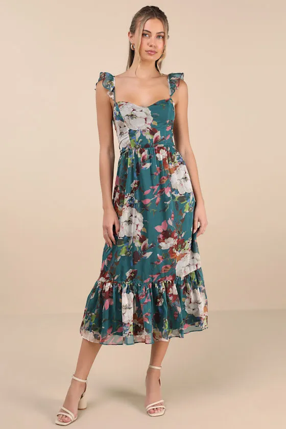 Jenneth Teal Floral Ruffled Midi Dress sold by Lulus