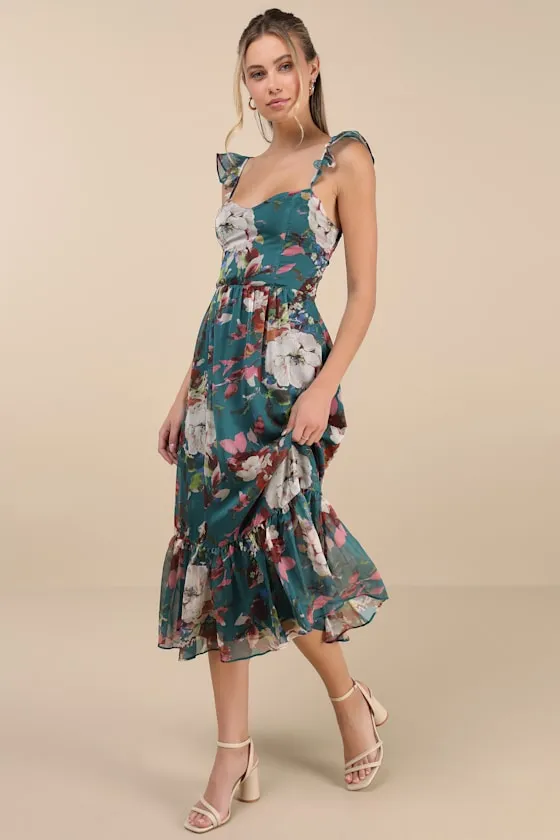 Jenneth Teal Floral Ruffled Midi Dress sold by Lulus product image thumbnail 2