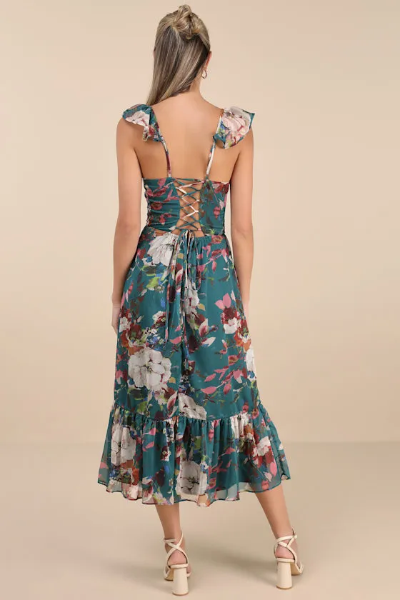 Jenneth Teal Floral Ruffled Midi Dress sold by Lulus product image thumbnail 3