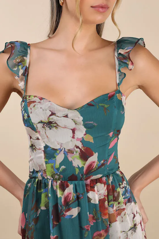 Jenneth Teal Floral Ruffled Midi Dress sold by Lulus product image thumbnail 4