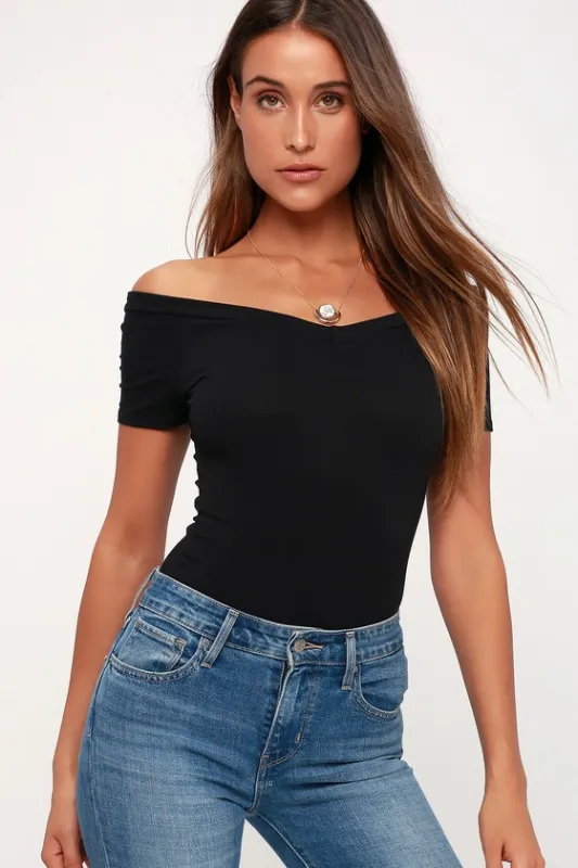 Sandpiper Black Ribbed Off-the-Shoulder Bodysuit sold by Lulus