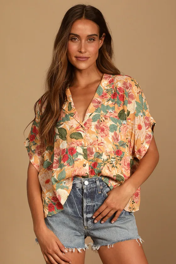 Island Style Orange Floral Print Button-Up Short Sleeve Top sold by Lulus