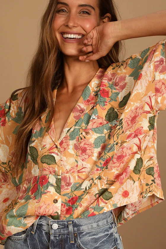 Island Style Orange Floral Print Button-Up Short Sleeve Top sold by Lulus product image thumbnail 3