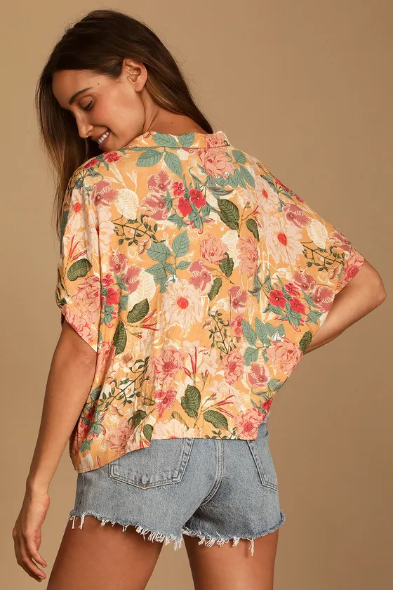 Island Style Orange Floral Print Button-Up Short Sleeve Top sold by Lulus product image thumbnail 4