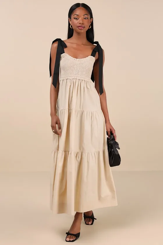 Bembe Beige Tie-Strap Tiered Maxi Dress sold by Lulus