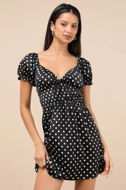 Makara Black Polka Dot Satin Puff Sleeve Mini Dress made by Lulus