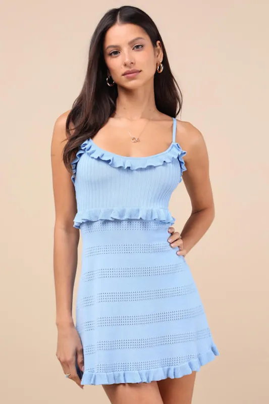 Enviable Light Blue Pointelle Knit Ruffled Mini Dress sold by Lulus