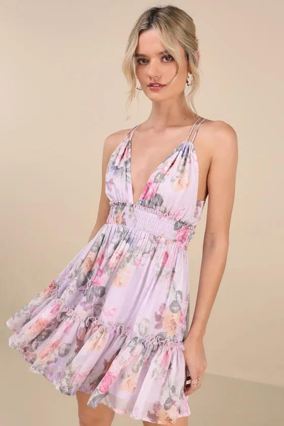 Signature Sweetie Lilac Floral Smocked Tie-Back Mini Dress sold by Lulus