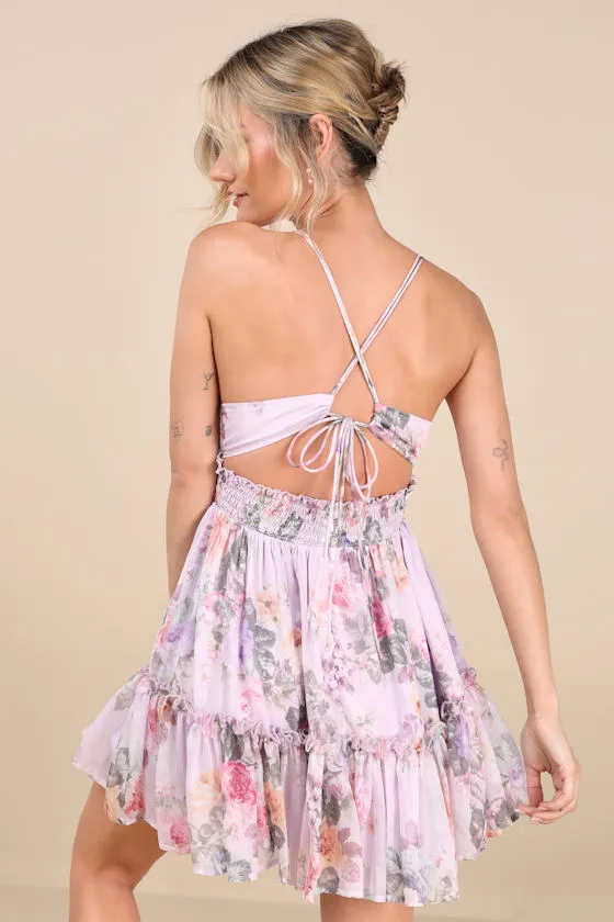 Signature Sweetie Lilac Floral Smocked Tie-Back Mini Dress sold by Lulus product image thumbnail 2