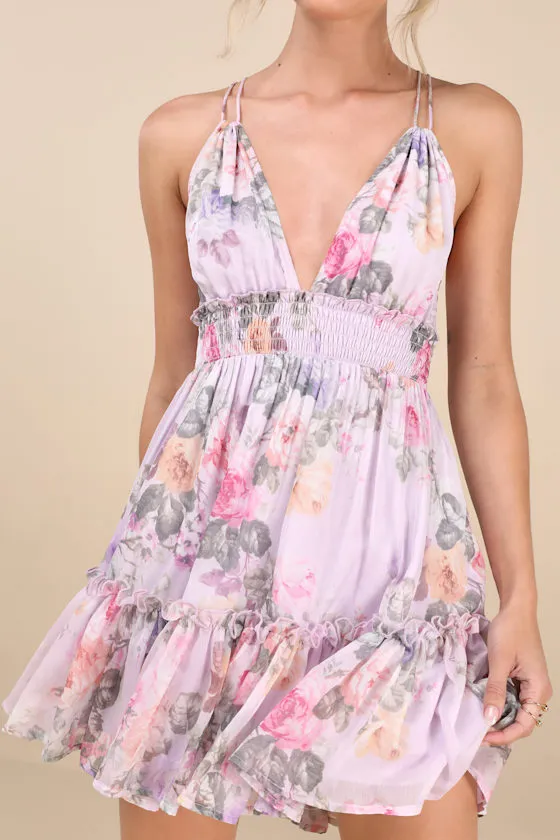 Signature Sweetie Lilac Floral Smocked Tie-Back Mini Dress sold by Lulus product image thumbnail 4