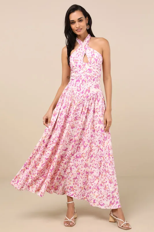 Jabina Ivory Multi Floral Cross-Front Midi Dress sold by Lulus