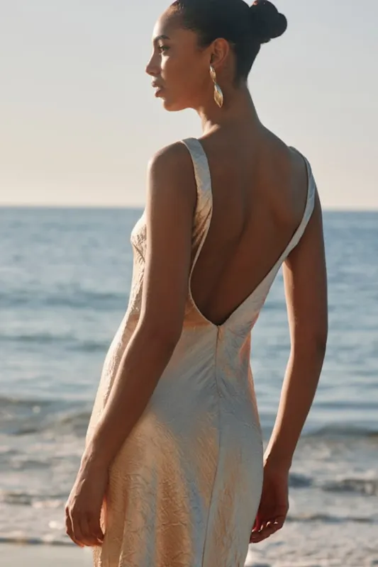 Christelle Champagne Crinkle Satin Backless Midi Slip Dress sold by Lulus