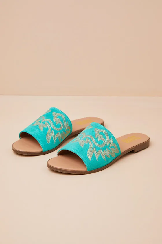 Lasso Green Suede Leather Embroidered Slide Sandals sold by Lulus