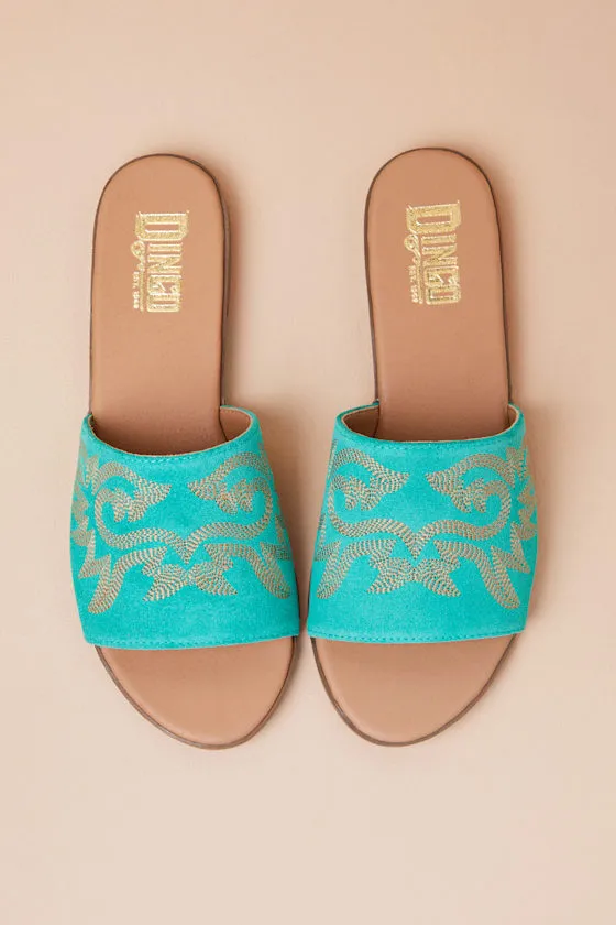 Lasso Green Suede Leather Embroidered Slide Sandals sold by Lulus product image thumbnail 2
